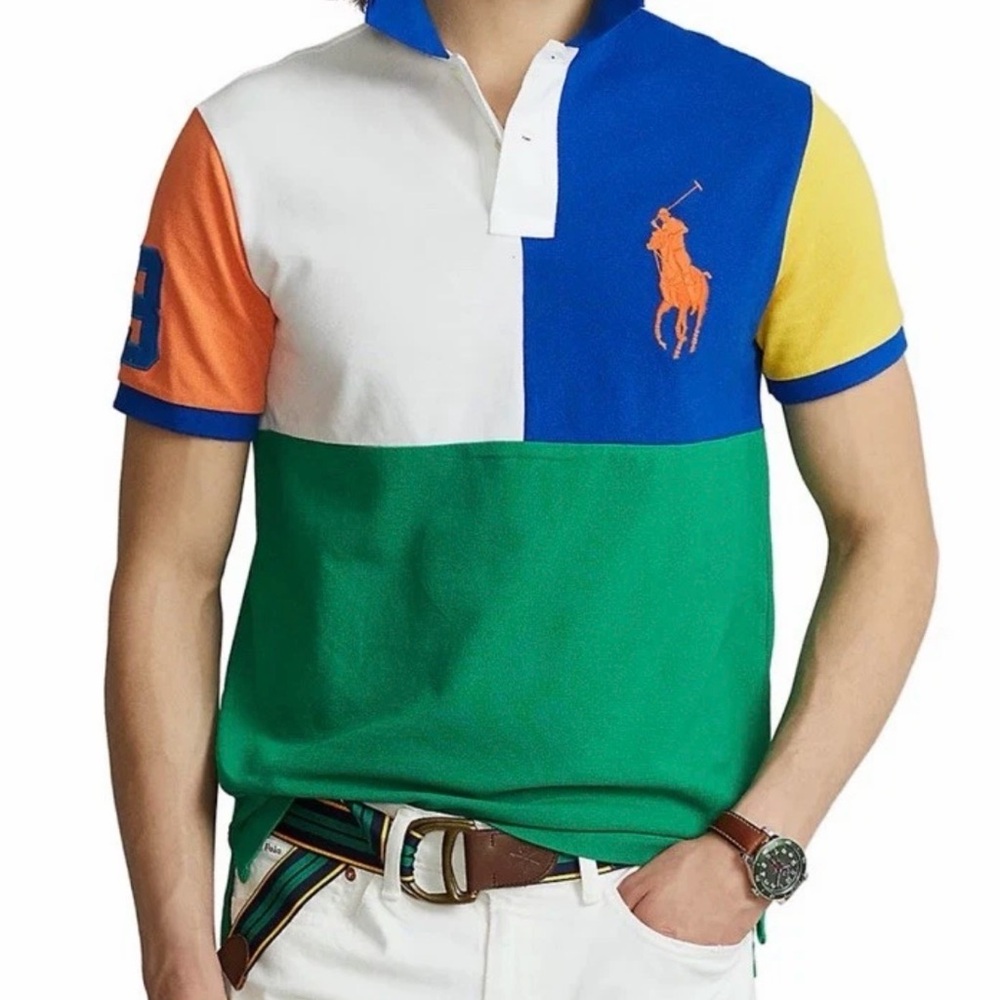 Polo Ralph Lauren Men Color Block Custom Slim Fit Big Pony Mesh Polo Shirt Sz M